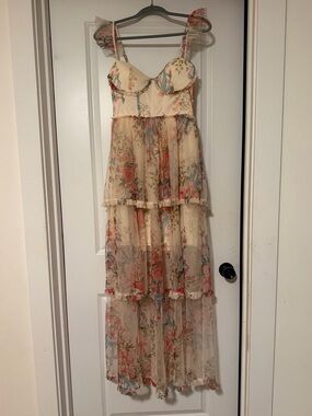Vici Cream Floral Tiered Maxi Dress with Pink & Blue Bloom